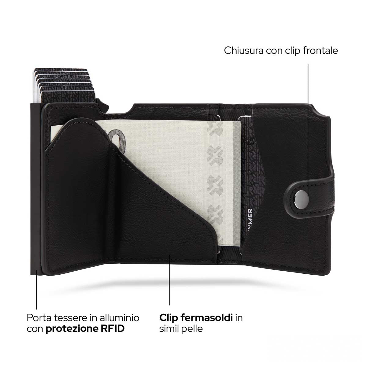 Portacarte AMONIDA Con Protezione RFID – Portafoglio A Clip In Lega Di Alluminio E PU, Nero